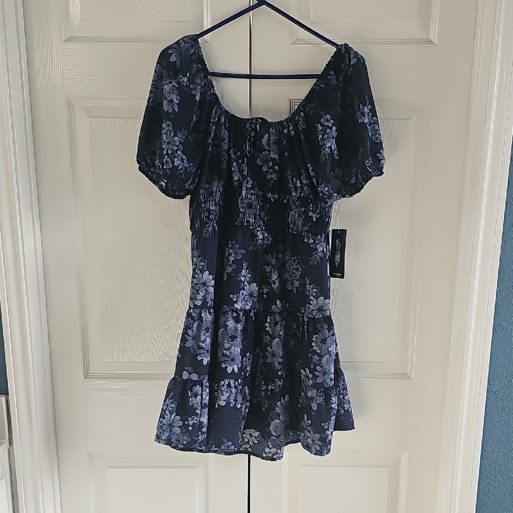 NWT XL Hint Of Blush Smocked Open Back Mini Dress Floral Blue Tiered Cottagecore